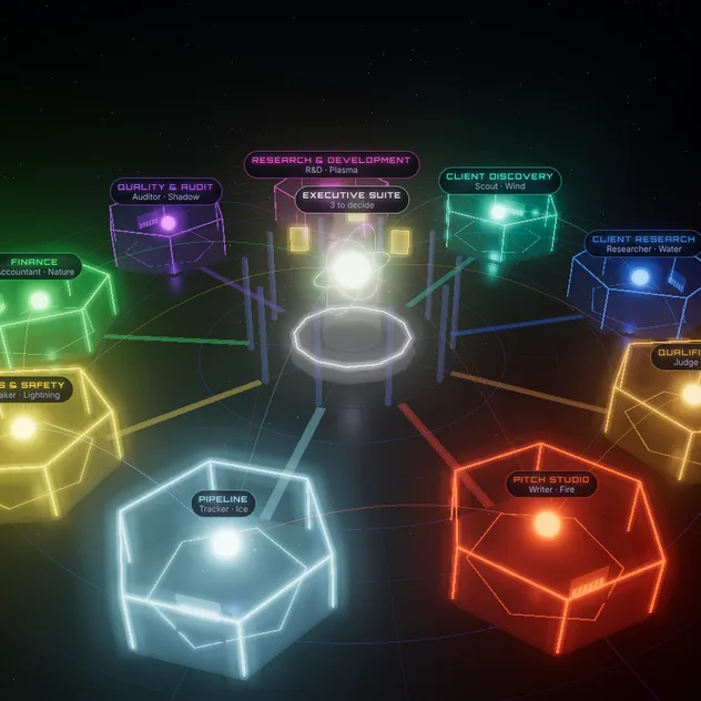 Cabang HQ: a 3D office where each AI agent is a colored light in its own glass room, around a CEO in the middle
