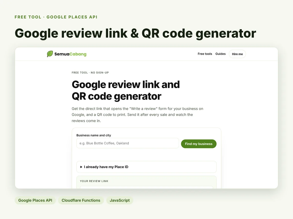 Google review link and QR code generator with a business search box and a printable QR code